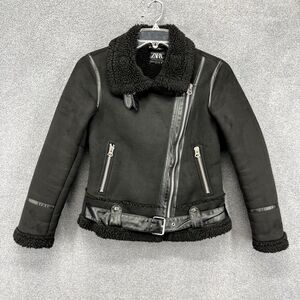 Zara Motorcycle Jacket Women XS Black Black Double Sided Strap Faux Suede Fleece